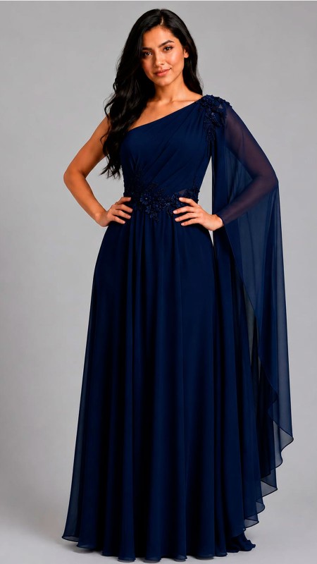 VESTIDO AZUL MARINO OSCURO CON UNA SOLO MANGA ROMANA