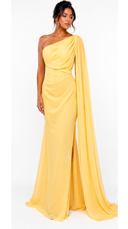 VESTIDO COLOR AMARILLO EN ESTRAPLE TELA SEDA