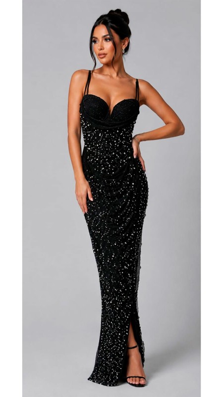 VESTIDO MEGRO LICRA CON PERLAS
