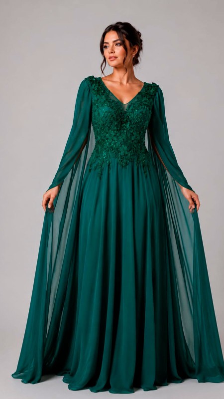 VESTIDO VERDE CON MANGAS LARGAS ROMANAS