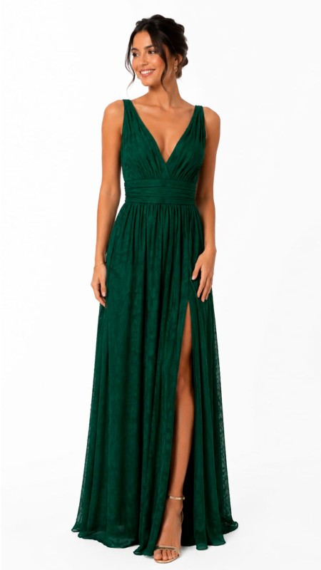 VESTIDO COLOR VERDE CON ESTAMPADO DE FLORES Y ESCOTE EN V