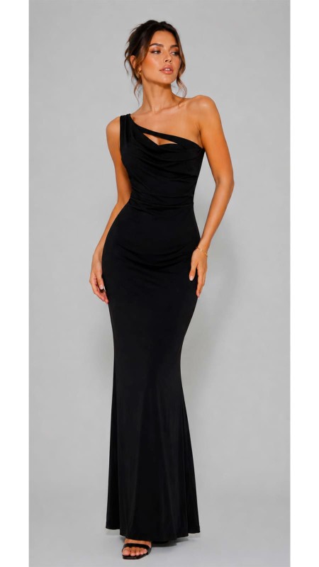 VESTIDO NEGRO LICRA CON ABERTURA EN LA PARTE DEL ESCOTE