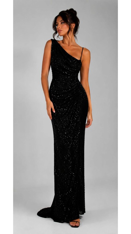 VESTIDO NEGRO CON LENTEJUELAS EN TODO EL VESTIDO CORTE ASIMETRICO