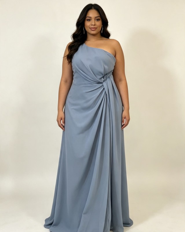 VESTIDO CELESTE ASIMETRICO CON ABERTURA