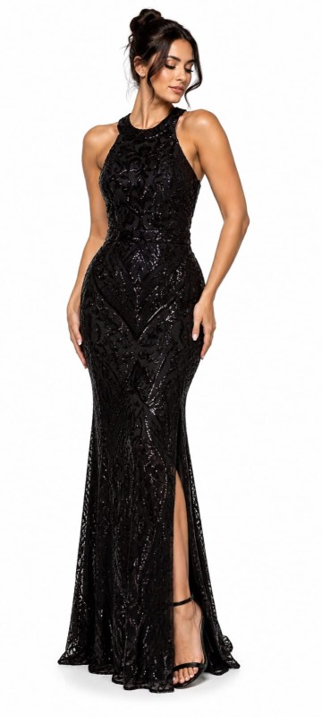 VESTIDO NEGRO CON LENTEJUELAS CON ESCOTE CERRADO EN EL CUELLO