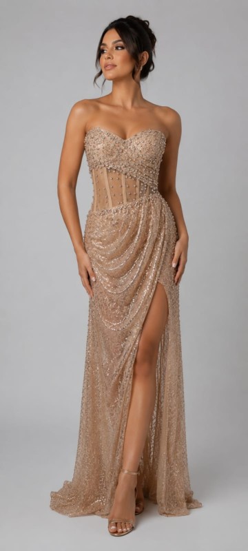 VESTIDO COLOR CHAMPANGE EN ESTRAPLE