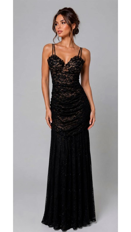 VESTIDO COLOR NEGRO TELA ARRUCHADA