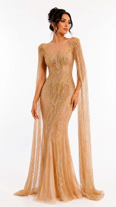 VESTIDO COLOR DORADO CON MANGAS ROMANAS