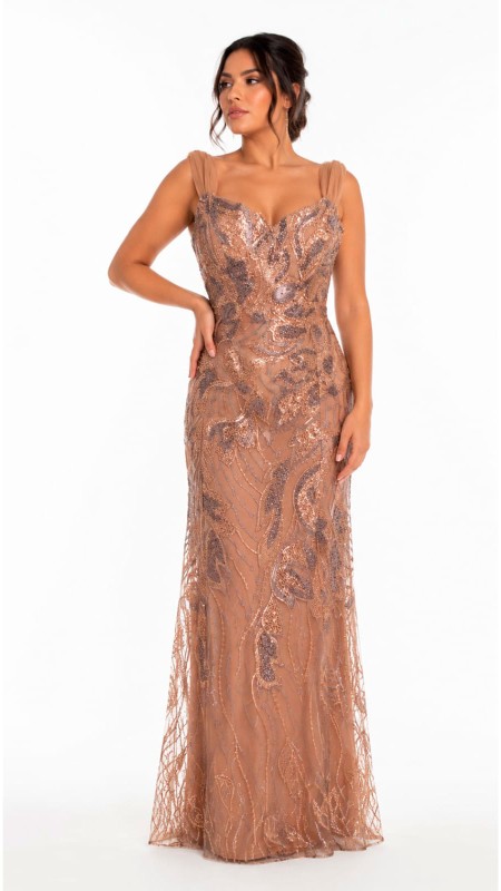 VESTIDO COLOR CAFE CON PERLAS