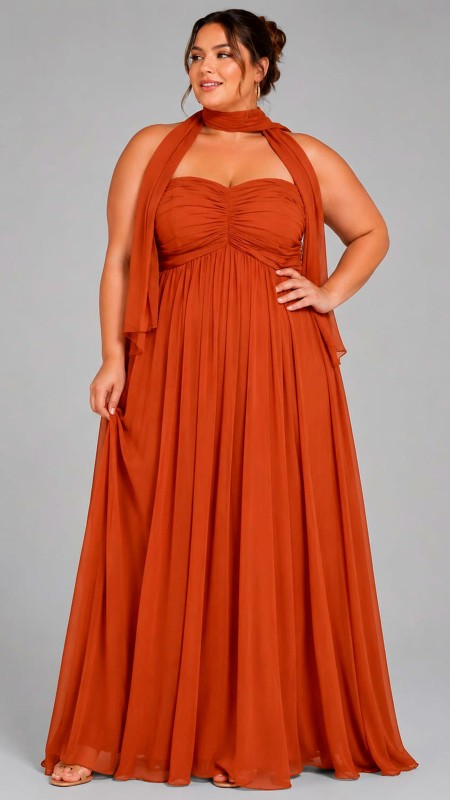 VESTIDO COLOR TERRACOTA CON MASCADA TELA SEDA