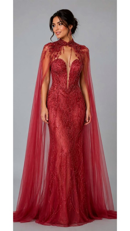 VESTIDO COLOR GUINDO CON PERLAS Y MANGAS ROMANAS