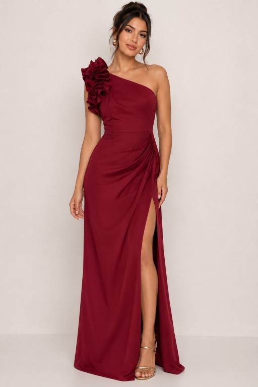 VESTIDO  VINO ASIMETRICO CON FLORES