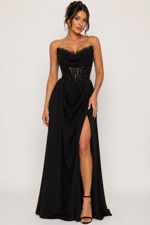 VESTIDO NEGRO CON CORSET  Y LENTEJUELAS