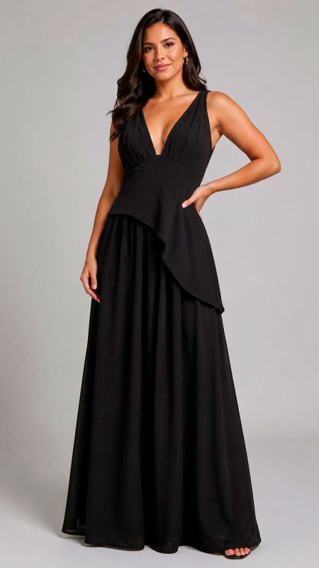 VESTIDO COLOR NEGRO EN TELA SEDA CON ESCOTE EN V