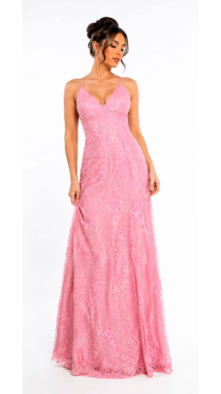 VESTIDO COLOR PALO DE ROSA CON LENTEJUELAS CORTE SIRENA