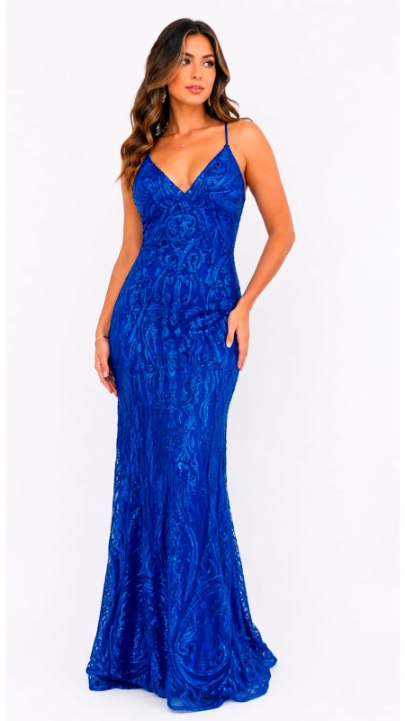 VESTIDO COLOR AZUL ELECTRICO CON LENTEJUELAS CORTE SIRENA