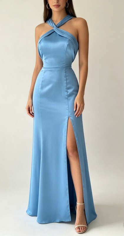 VESTIDO CELESTE DE SEDA  CON ABERTURA