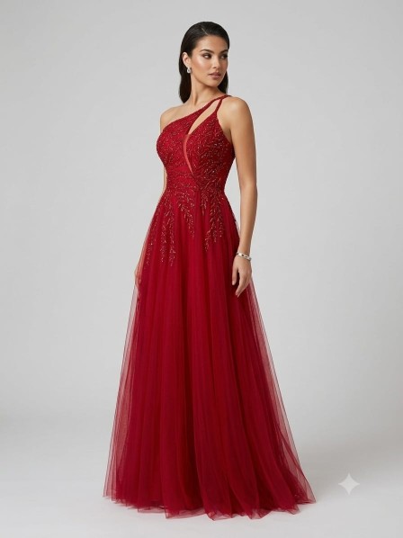 VESTIDO ROJO ASIMETRICO CON PIEDRERIA POMPOSO