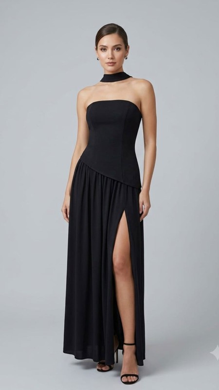 VESTIDO NEGRO STRAPLES CON CHALL