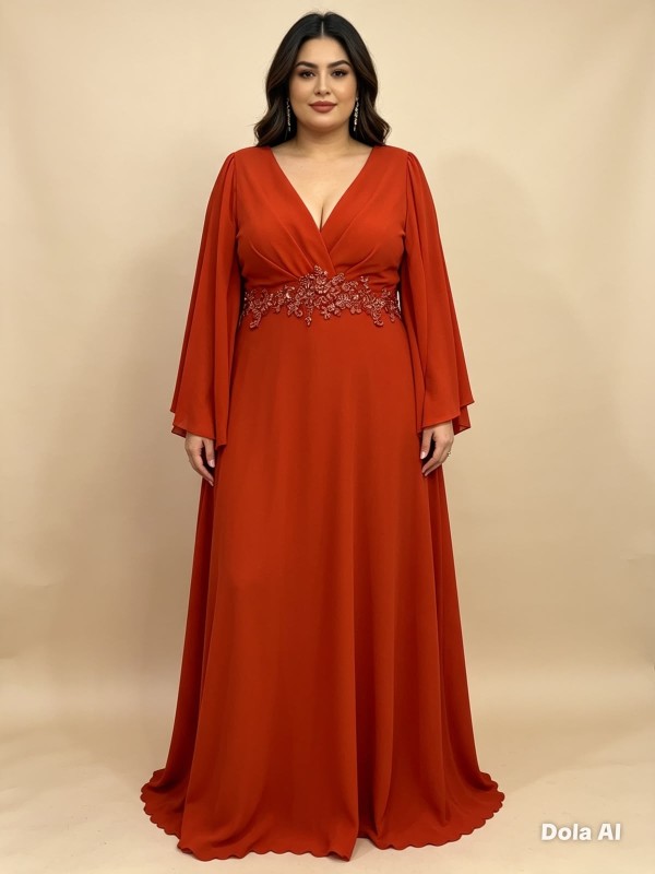 VESTIDO TERRACOTA  CON MANGAS  DE GASA