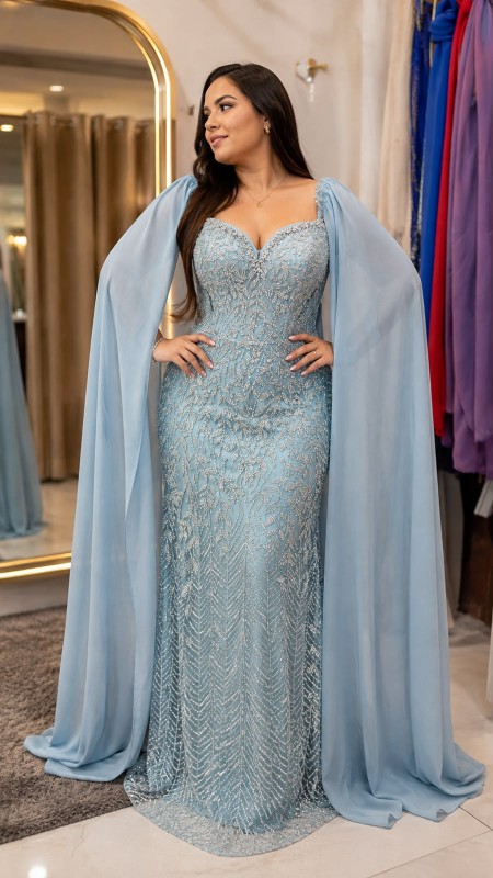 VESTIDO CELESTE DE MANGAS CON PERLAS