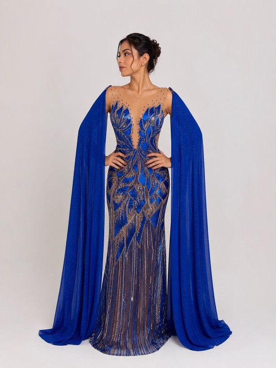 VESTIDO AZUL ELECTRICO DE MANGAS CON LENTEJUELAS