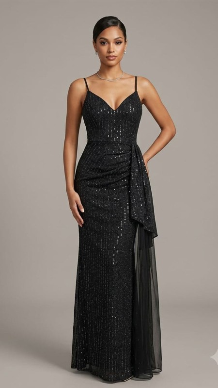 VESTIDO NEGRO BRILLOSO CON TULL