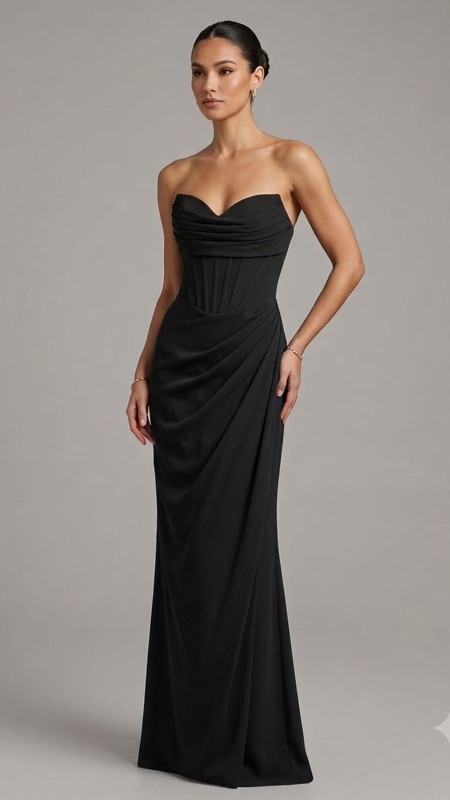 VESTIDO NEGRO CON CORSET STRAPLES
