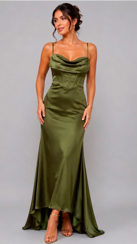 VESTIDO VERDE PISTACHO OSCURO TELA SATINADA