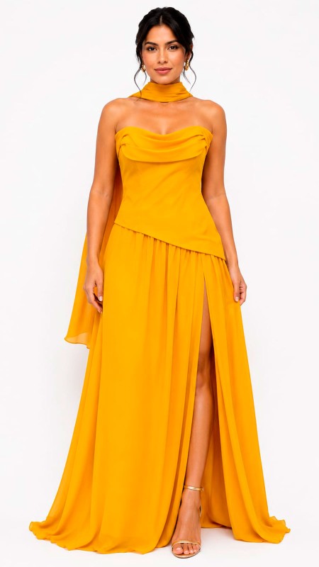 VESTIDO COLOR MOSTAZA TELA SEDA CON MASCADA