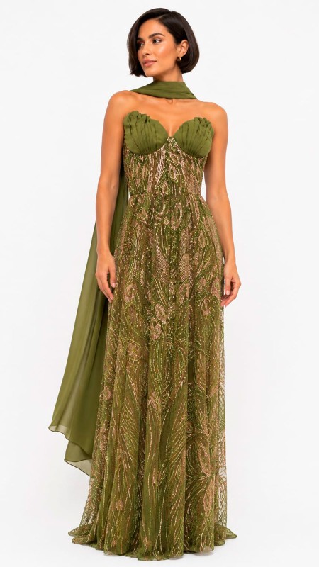VESTIDO COLOR VERDE PISTACHO CON PERLAS Y MASCADA