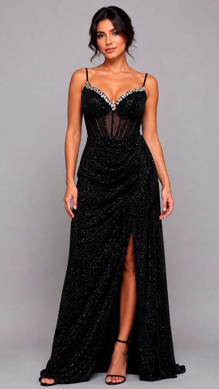VESTIDO NEGRO CON CAPA Y LENTEJUELAS