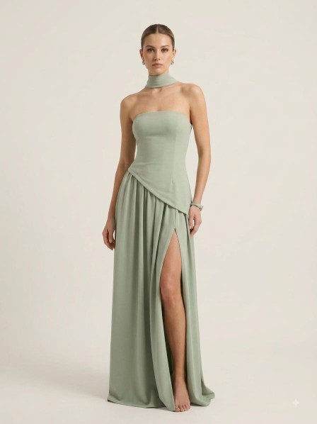 VESTIDO VERDE CLARO STRAPLES CON CHALL
