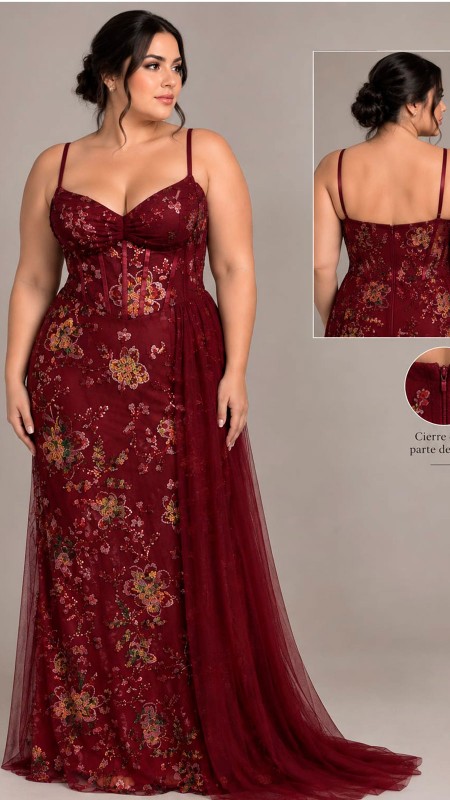 VESTIDO COLOR ROJO VINO ESTAMPADO DE FLORES BRILLOSAS