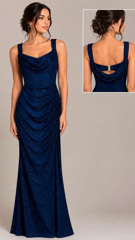 VESTIDO COLOR AZUL MARINO OSCURO EN TELA BRILLOSA