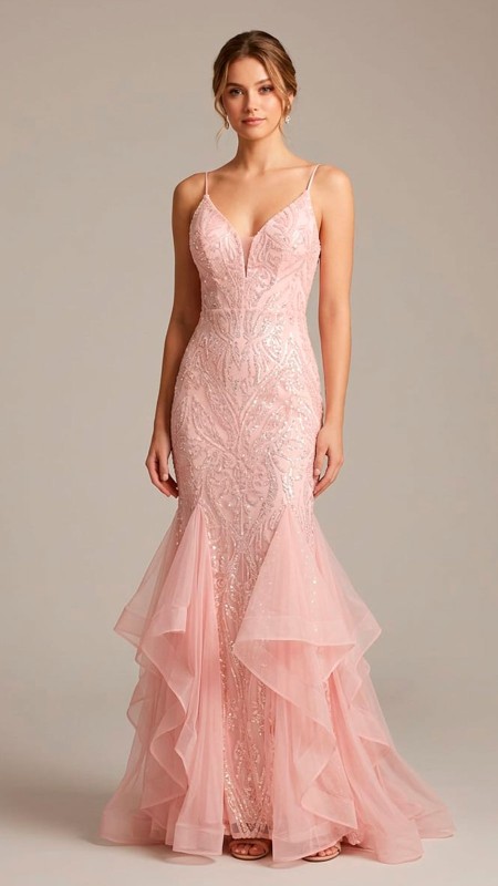 VESTIDO COLOR PALO DE ROSA CON TULL EN LA PARTE DE ABAJO