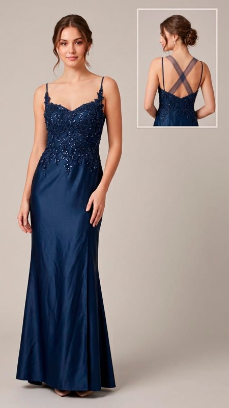 VESTIDO AZUL MARINO OSCURO TELA SATINADO APERLADO EN LA PARTE DEL ESCOTE