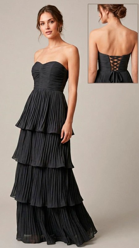 VESTIDO NEGRO EN CAPAS ESTRAPLE CON MASCADA EN EL CUELLO