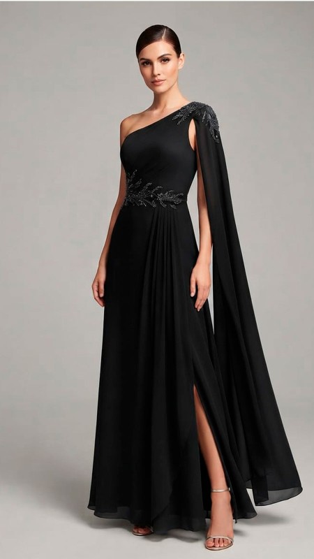 VESTIDO NEGRO CON UNA SOLA MANGA ROMANA ASIMETRICO