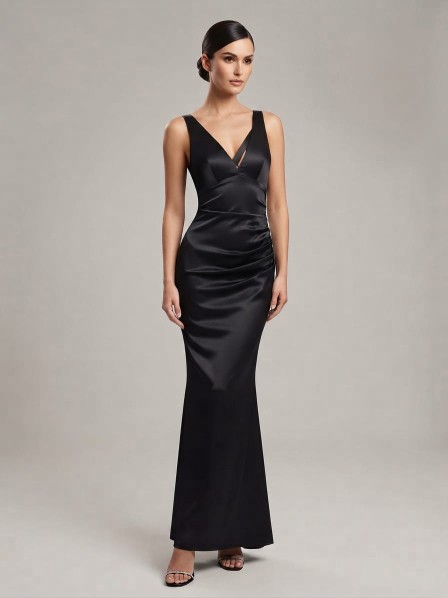 VESTIDO COLOR NEGRO TELA SATINADA ALICRADA