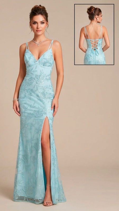 VESTIDO COLOR CELESTE ESTAMPADO CON LENTEJUELAS
