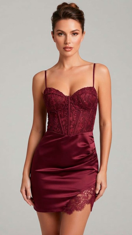 VESTIDO COLOR VINO TELA SATINADA200 ESTILO CORSET