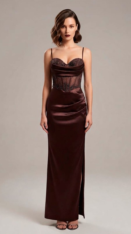 VESTIDO COLOR MARRON TELA SATINADA ESTILO CORSET