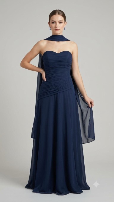 vestido azul marino straples de gasa con chall