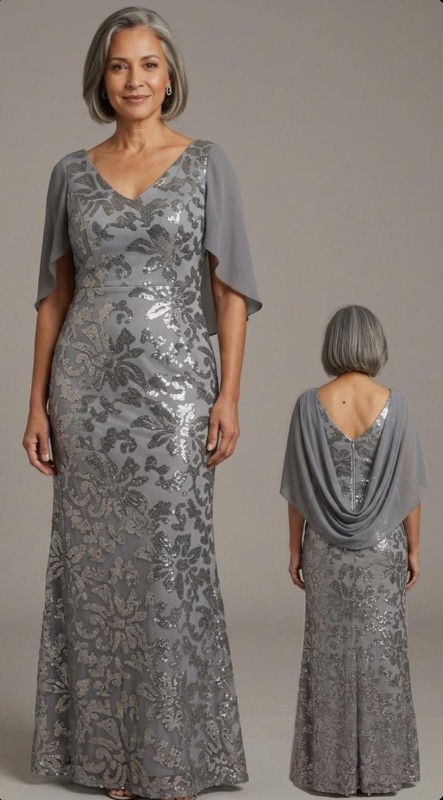 vestido plomo con lestejuelas con capa atras