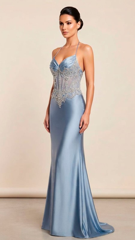 VESTIDO COLOR CELESTE BAJITO EN TELA SATINADA