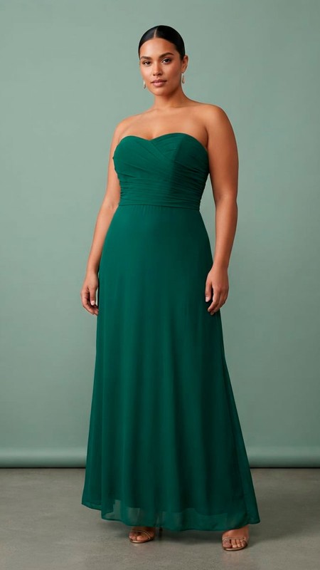 VESTIDO VERDE BOTELLA EN TELA SEDA EN CORTE ESTRAPLE EN LA PARTE SUPERIOR
