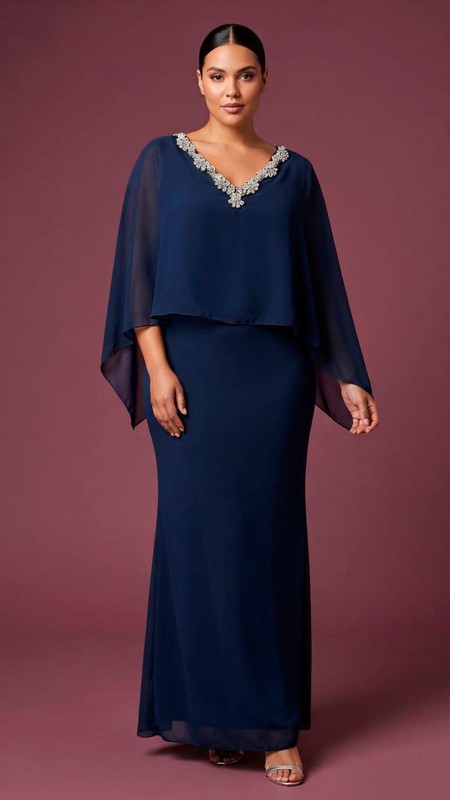 VESTIDO AZUL MARINO OSCURO EN TELA SEDA ESTILO CON CHALL