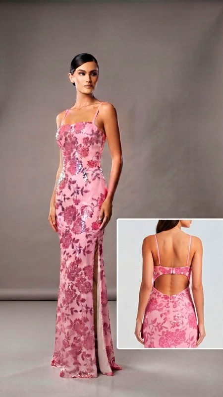 VESTIDO COLOR ROSA ESTAMPADO EN ESTRAPLE