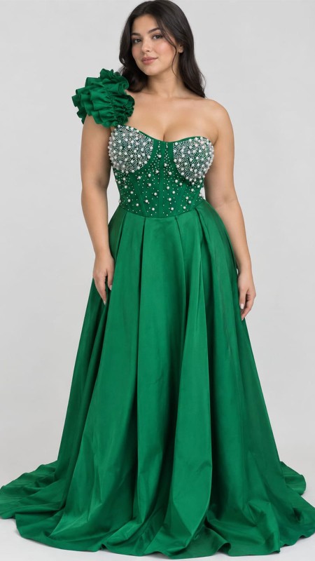 VESTIDO VERDE BANDERA CORTE A CON PERLAS ARRIBA